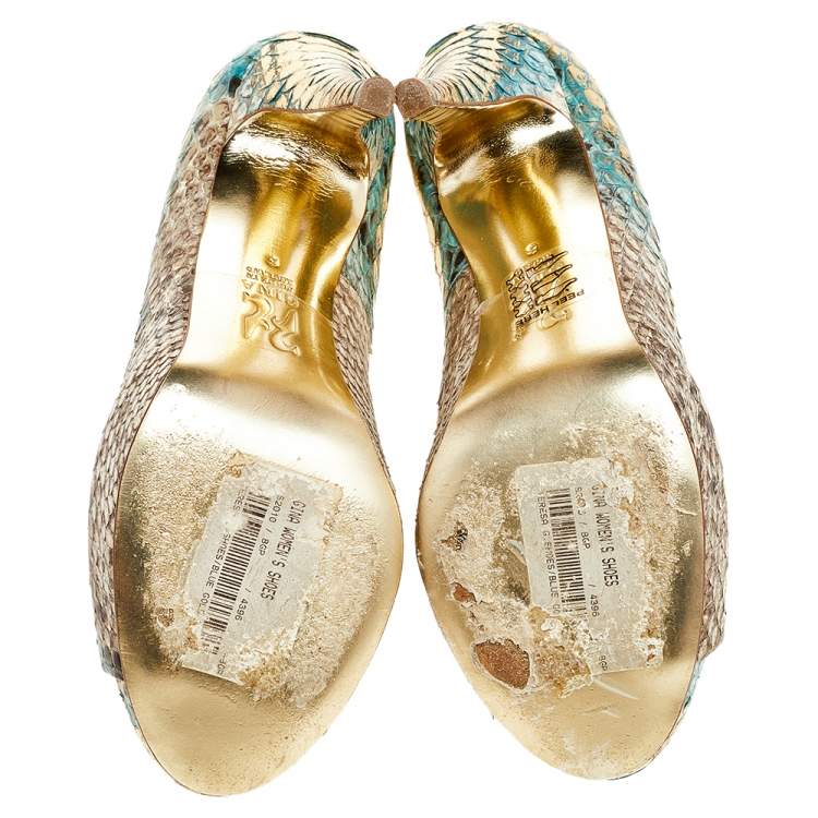 Pre Owned Gina Multicolor Python Leather Peep Toe Platform Pumps Size 39