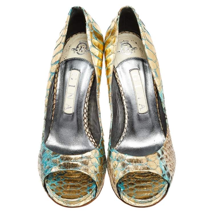 Pre Owned Gina Multicolor Python Leather Peep Toe Platform Pumps Size 39