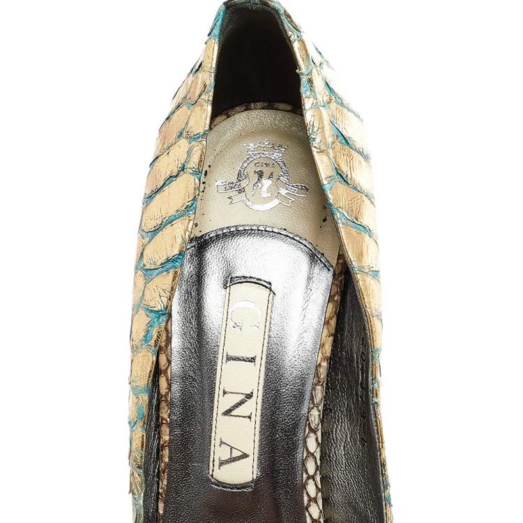 Pre Owned Gina Multicolor Python Leather Peep Toe Platform Pumps Size 39