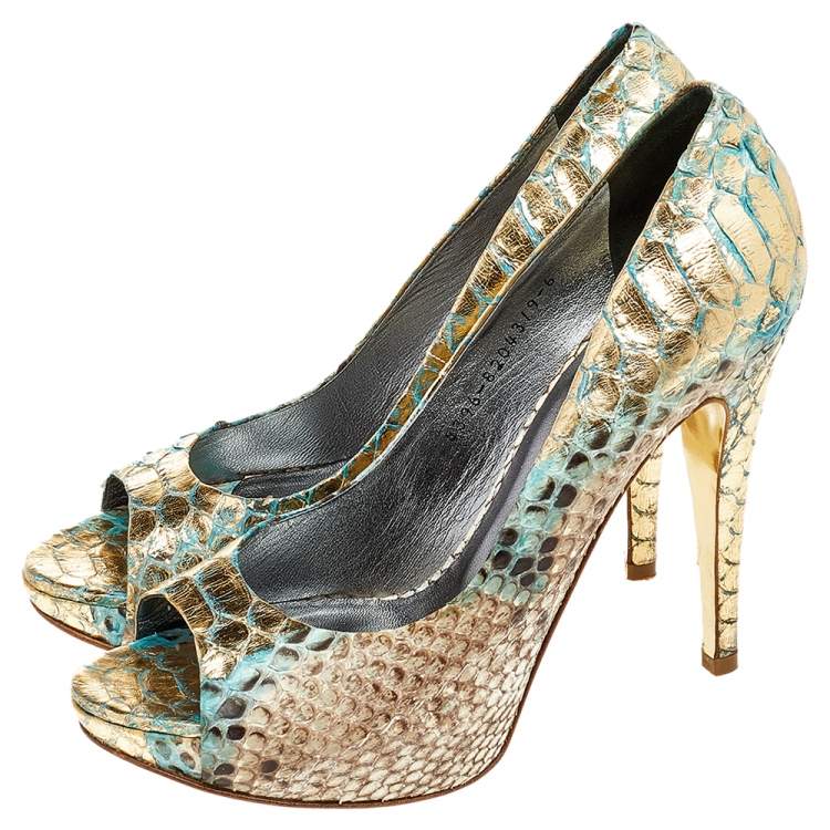 Pre Owned Gina Multicolor Python Leather Peep Toe Platform Pumps Size 39