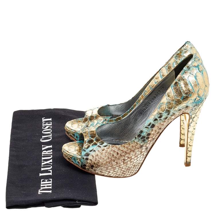 Pre Owned Gina Multicolor Python Leather Peep Toe Platform Pumps Size 39
