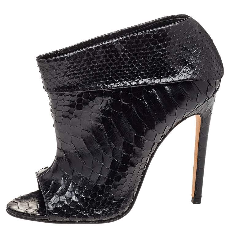Pre Owned Gina Black Python Peep Toe Booties Size 38.5
