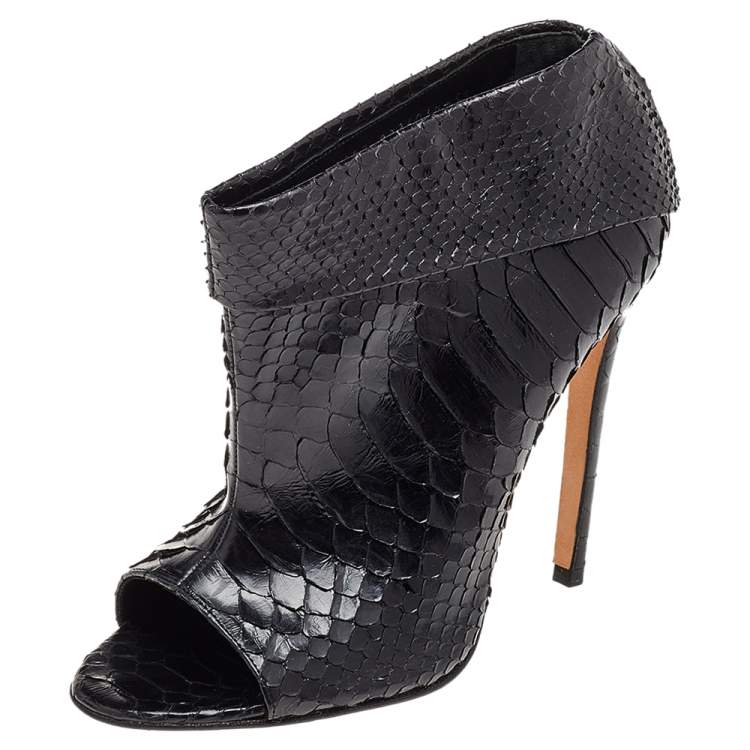 Pre Owned Gina Black Python Peep Toe Booties Size 38.5