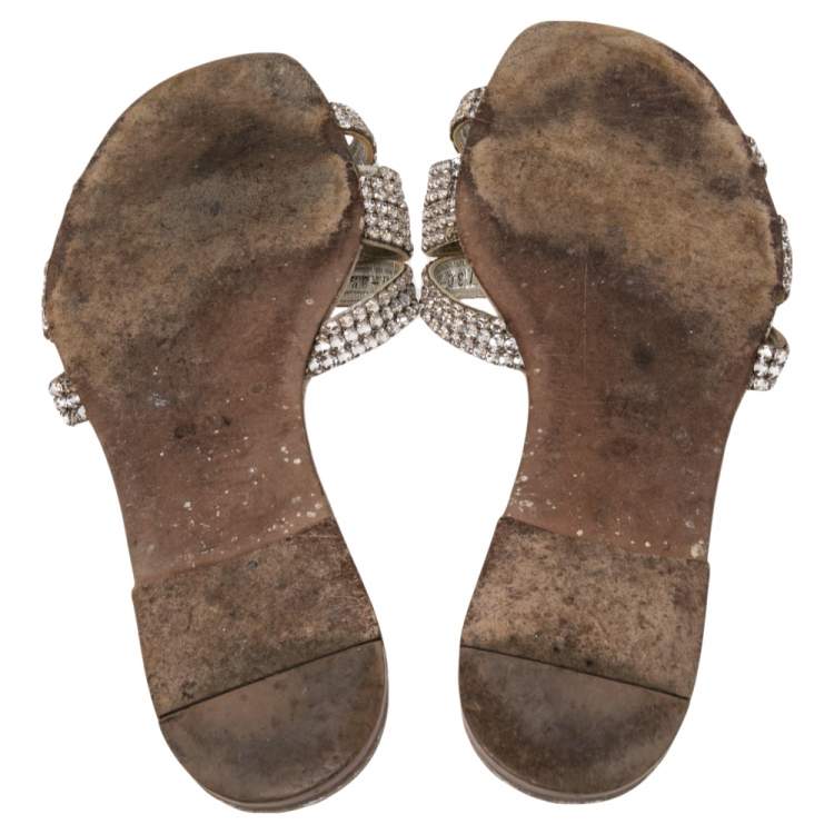 Pre Owned Gina Grey Leather Embellished Slide Sandals Size 41.5