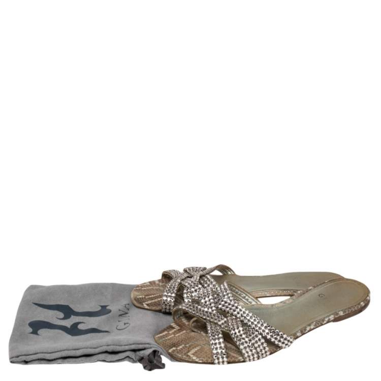 Pre Owned Gina Grey Leather Embellished Slide Sandals Size 41.5