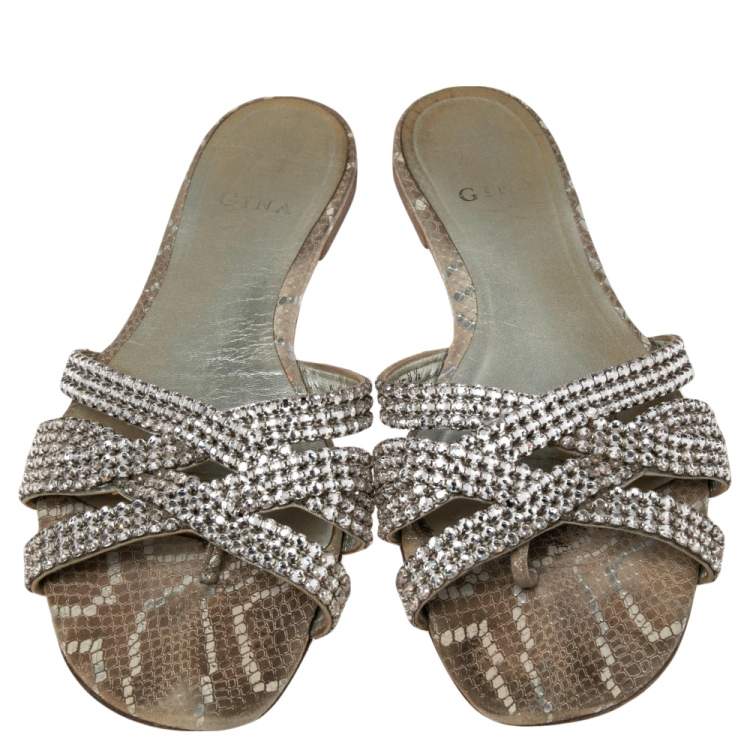 Pre Owned Gina Grey Leather Embellished Slide Sandals Size 41.5
