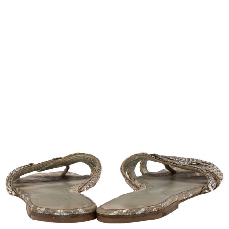 Pre Owned Gina Grey Leather Embellished Slide Sandals Size 41.5