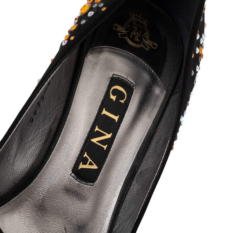 Pre Owned Gina Black Crystal Embellished Satin Round Toe Pumps Size 39