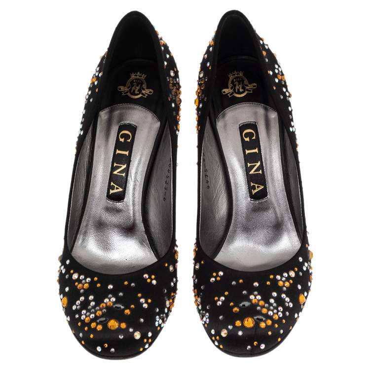 Pre Owned Gina Black Crystal Embellished Satin Round Toe Pumps Size 39