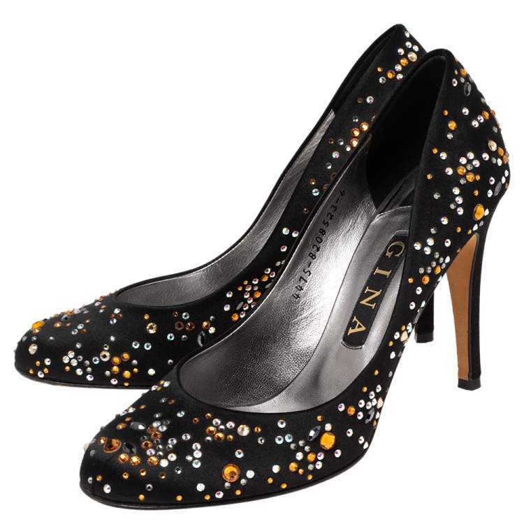Pre Owned Gina Black Crystal Embellished Satin Round Toe Pumps Size 39