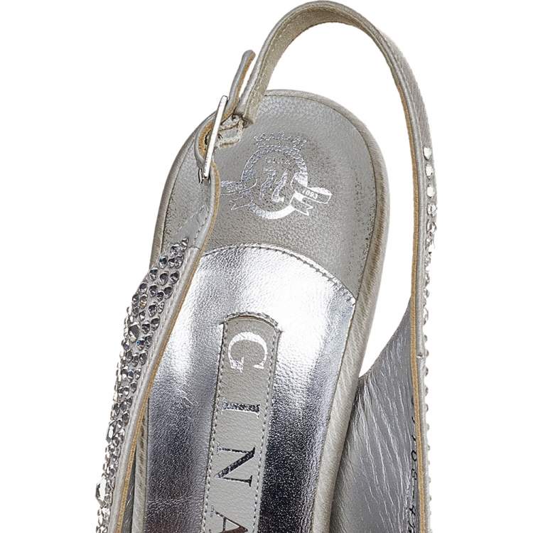 Pre Owned Gina Grey Crystal Embellishment Satin Open Toe Sling Back Sandals Size 37.5