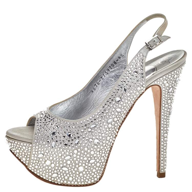 Pre Owned Gina Grey Crystal Embellishment Satin Open Toe Sling Back Sandals Size 37.5