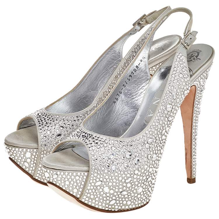 Pre Owned Gina Grey Crystal Embellishment Satin Open Toe Sling Back Sandals Size 37.5