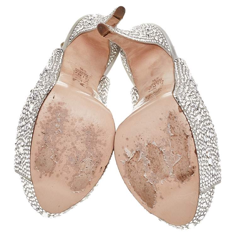 Pre Owned Gina Grey Crystal Embellishment Satin Open Toe Sling Back Sandals Size 37.5