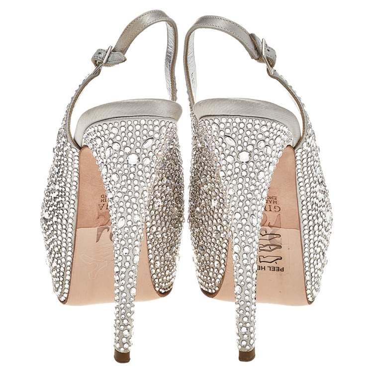 Pre Owned Gina Grey Crystal Embellishment Satin Open Toe Sling Back Sandals Size 37.5
