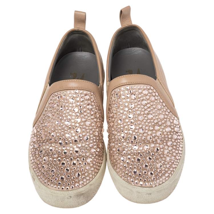 Pre Owned Gina Dusty Pink Leather and Suede Gioia Crystals Slip On Sneakers Size 36