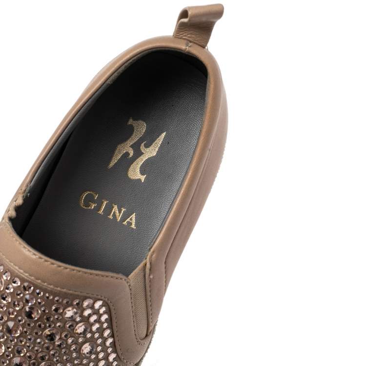 Pre Owned Gina Dusty Pink Leather and Suede Gioia Crystals Slip On Sneakers Size 36