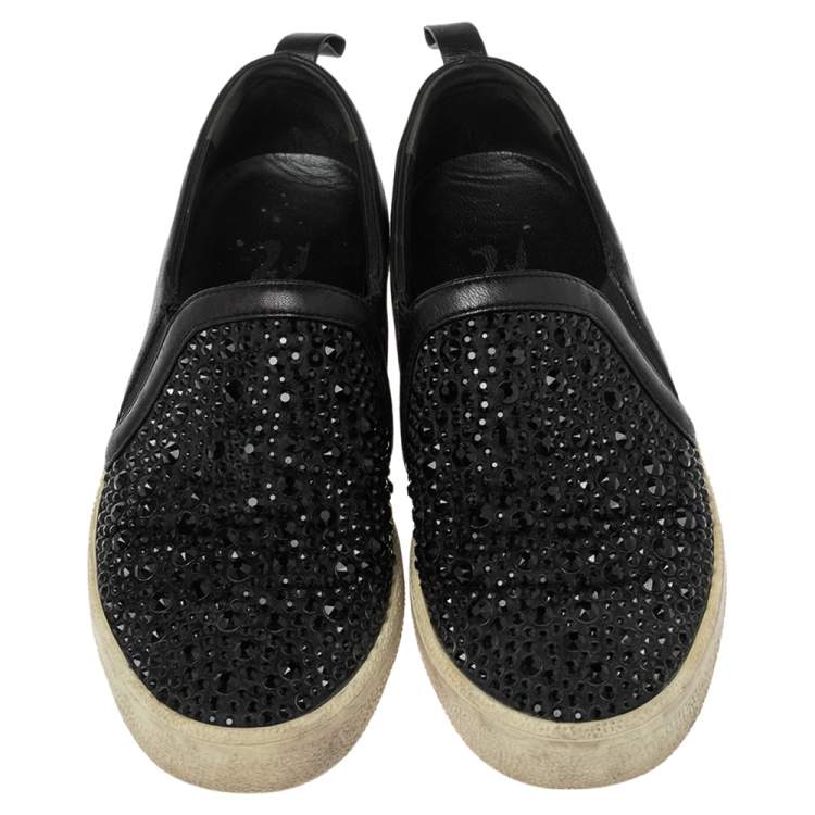 Pre Owned Gina Black Leather and Suede Gioia Crystals Slip On Sneakers Size 36