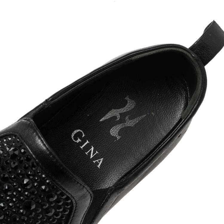 Pre Owned Gina Black Leather and Suede Gioia Crystals Slip On Sneakers Size 36