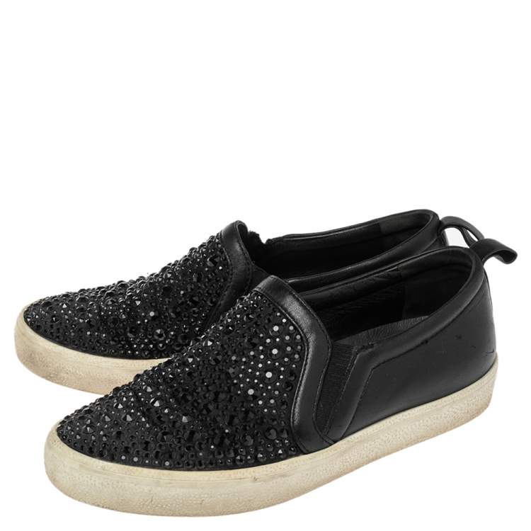 Pre Owned Gina Black Leather and Suede Gioia Crystals Slip On Sneakers Size 36