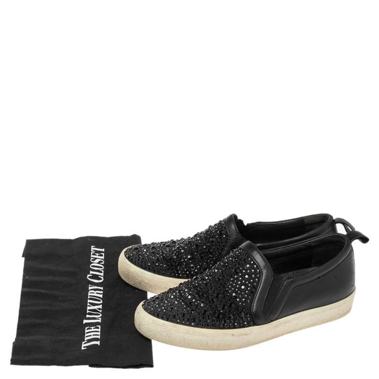 Pre Owned Gina Black Leather and Suede Gioia Crystals Slip On Sneakers Size 36