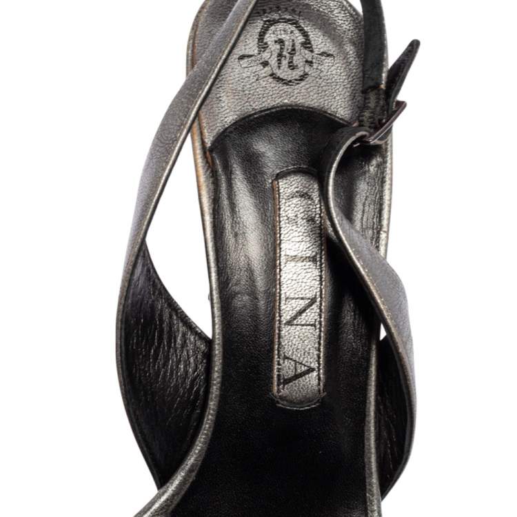 Pre Owned Gina Metallic Bronze Leather Crystal Embellished Naomi Slingback Sandals Size 40