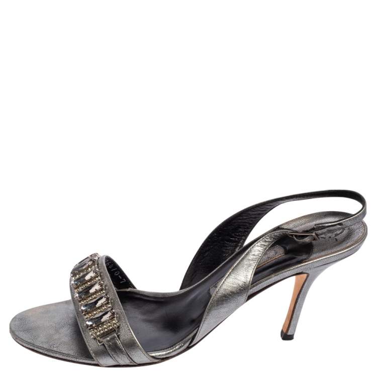 Pre Owned Gina Metallic Bronze Leather Crystal Embellished Naomi Slingback Sandals Size 40