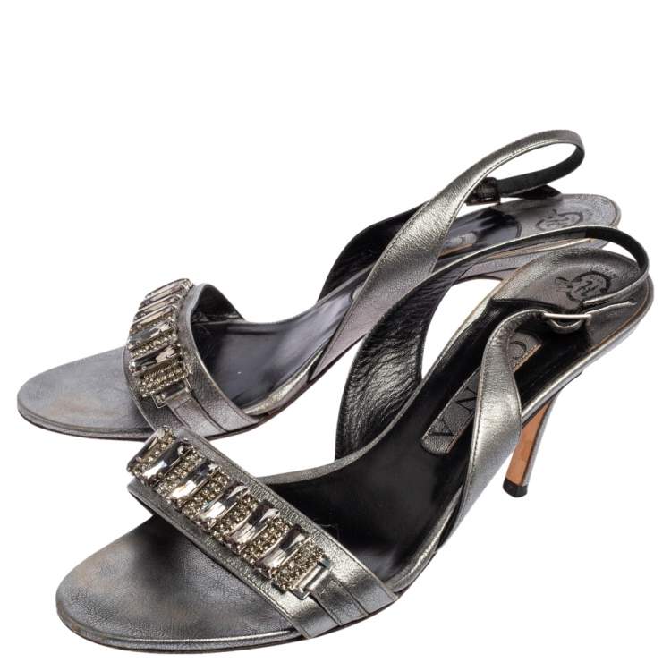 Pre Owned Gina Metallic Bronze Leather Crystal Embellished Naomi Slingback Sandals Size 40