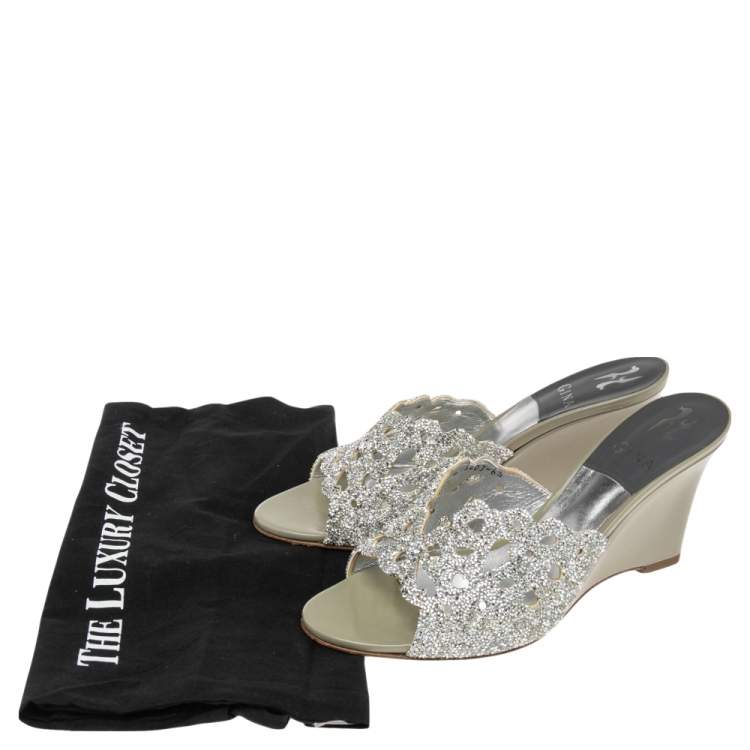 Pre Owned Gina Olive Green Patent Leather Crystal Embellished Wedge Sandals Size 39.5