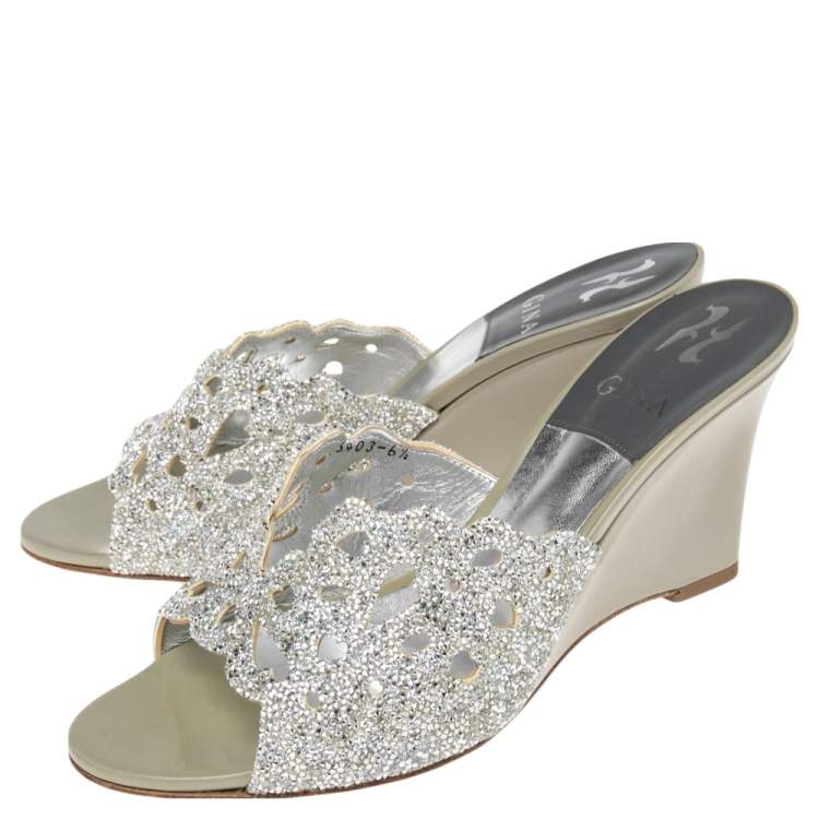 Pre Owned Gina Olive Green Patent Leather Crystal Embellished Wedge Sandals Size 39.5