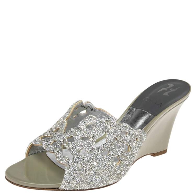 Gina Olive Green Patent Leather Crystal Embellished Wedge Sandals Size 395 Gina The Luxury Closet 