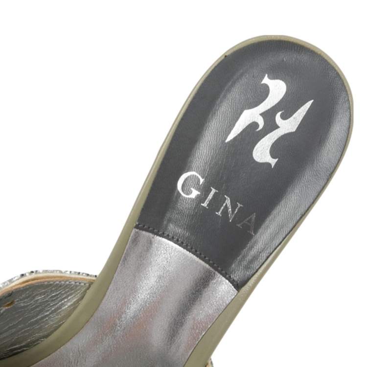 Pre Owned Gina Olive Green Patent Leather Crystal Embellished Wedge Sandals Size 39.5