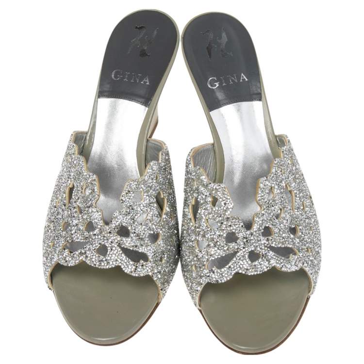 Pre Owned Gina Olive Green Patent Leather Crystal Embellished Wedge Sandals Size 39.5