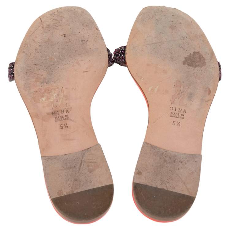 Pre Owned Gina Neon Pink Patent Leather Crystal Embellished Thong Flat Size 38.5