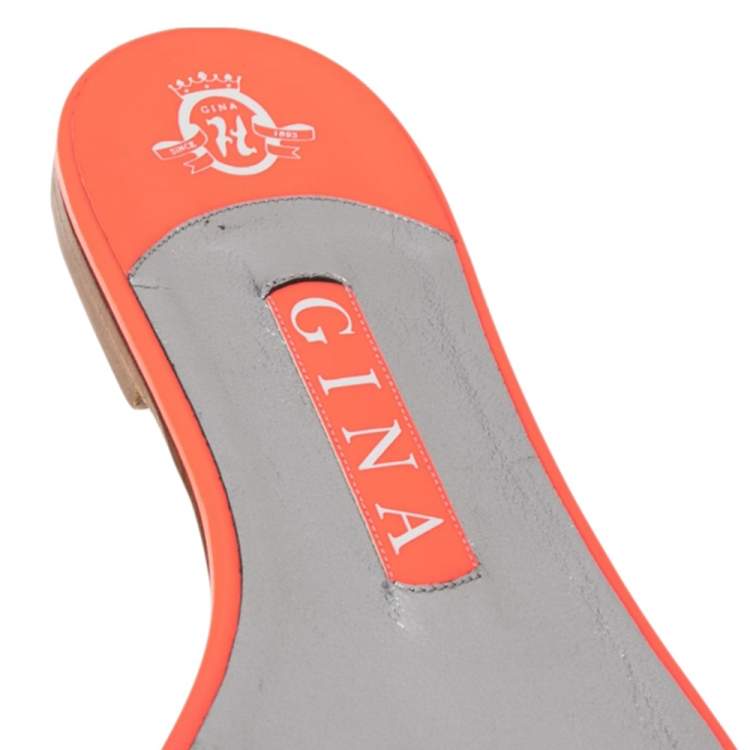 Pre Owned Gina Neon Pink Patent Leather Crystal Embellished Thong Flat Size 38.5