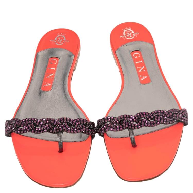 Pre Owned Gina Neon Pink Patent Leather Crystal Embellished Thong Flat Size 38.5