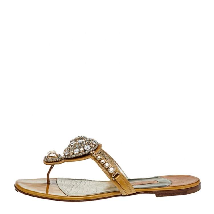 Pre Owned Gina Beige Patent Leather Crystal Embellished Flat Sandals Size 38  