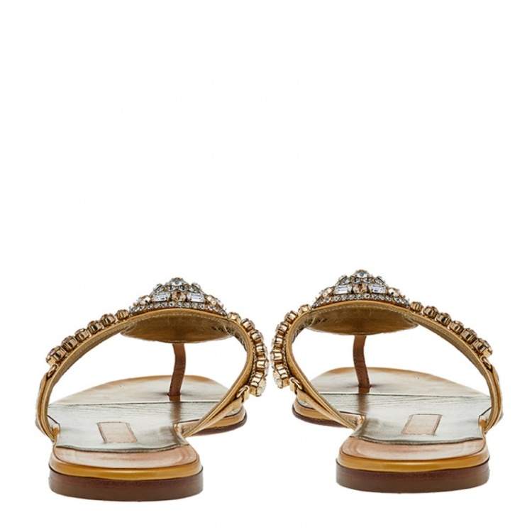 Pre Owned Gina Beige Patent Leather Crystal Embellished Flat Sandals Size 38  