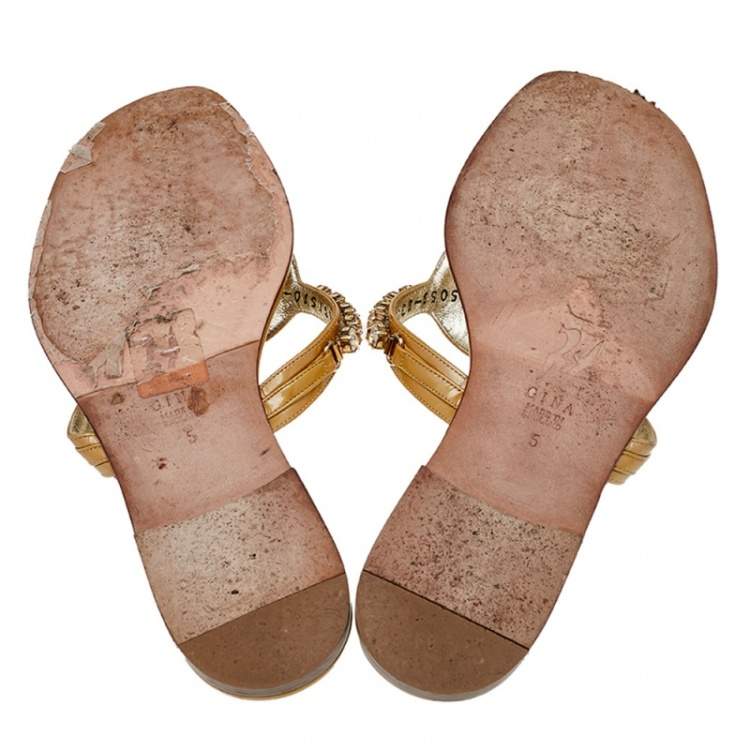 Pre Owned Gina Beige Patent Leather Crystal Embellished Flat Sandals Size 38  