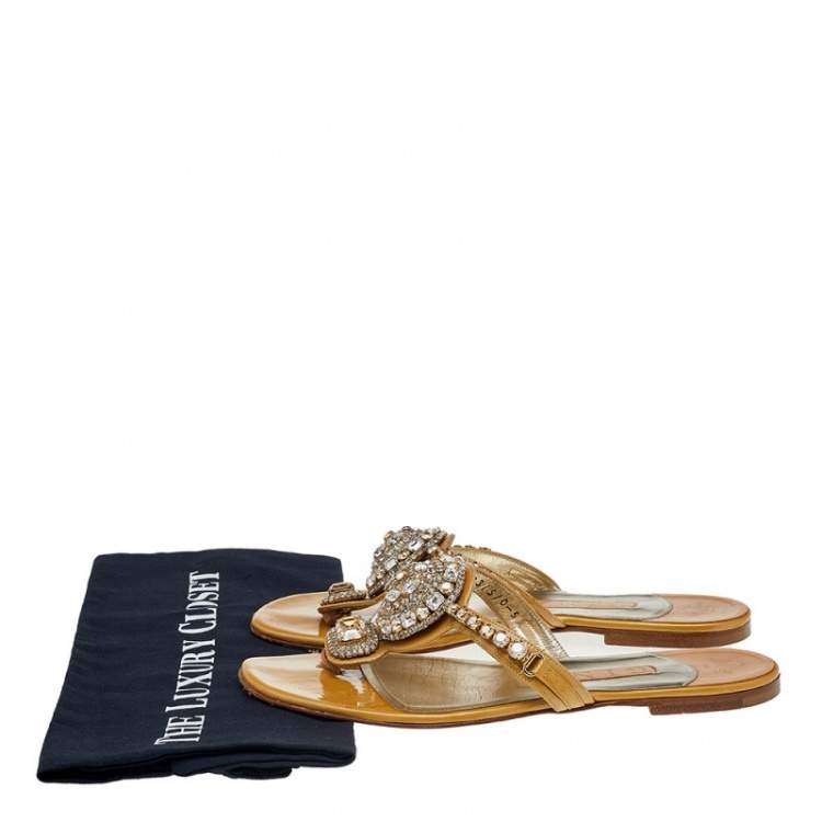 Pre Owned Gina Beige Patent Leather Crystal Embellished Flat Sandals Size 38  