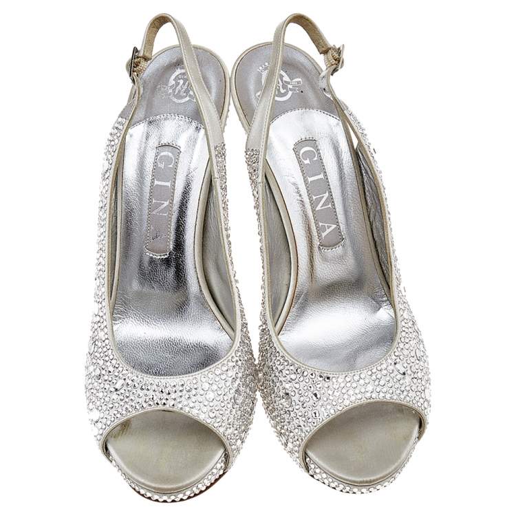 Pre Owned Gina Silver Satin Crystal Embellished Platform Peep Toe Slingback Sandals Size 39
