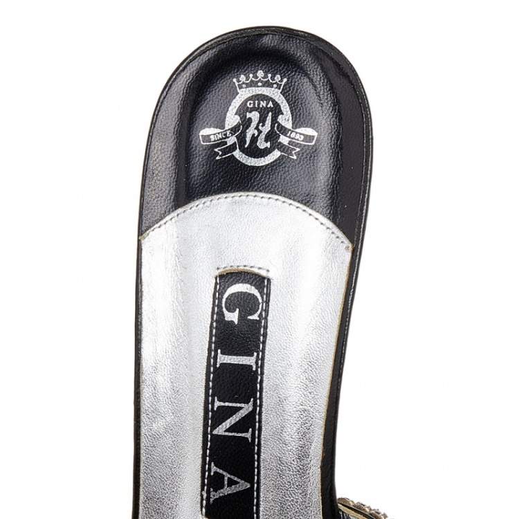 Pre Owned Gina Black Leather Crystal Embellished Thong Sandals Size 38