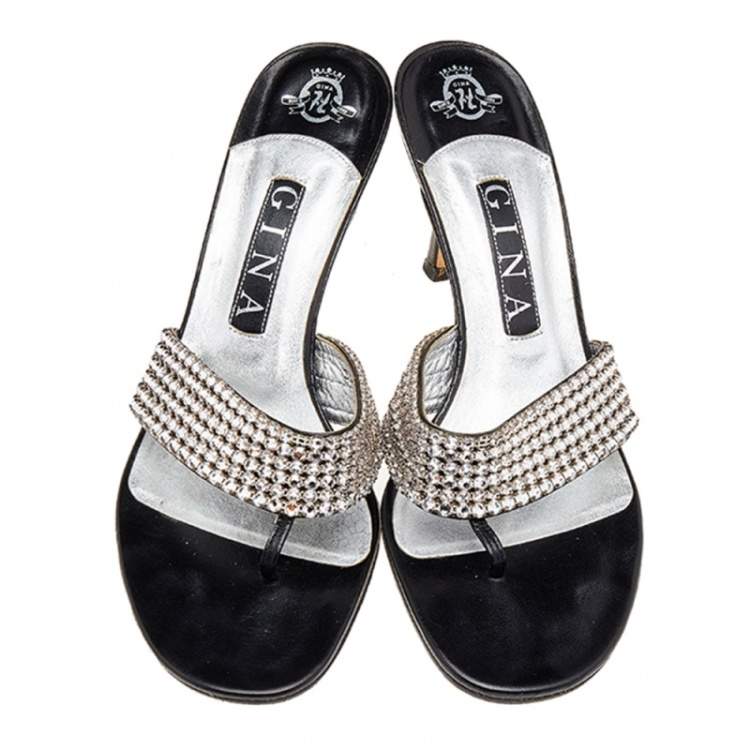 Pre Owned Gina Black Leather Crystal Embellished Thong Sandals Size 38