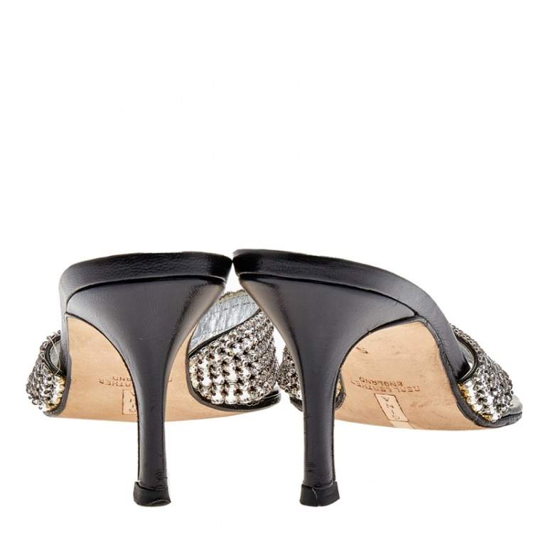 Pre Owned Gina Black Leather Crystal Embellished Thong Sandals Size 38