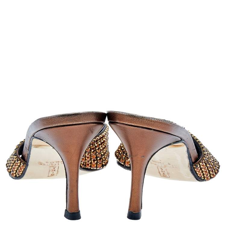 Pre Owned Gina Metallic Bronze Leather Crystal Embellished Thong Slide Sandals Size 38