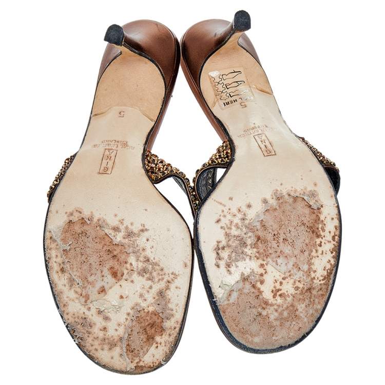 Pre Owned Gina Metallic Bronze Leather Crystal Embellished Thong Slide Sandals Size 38