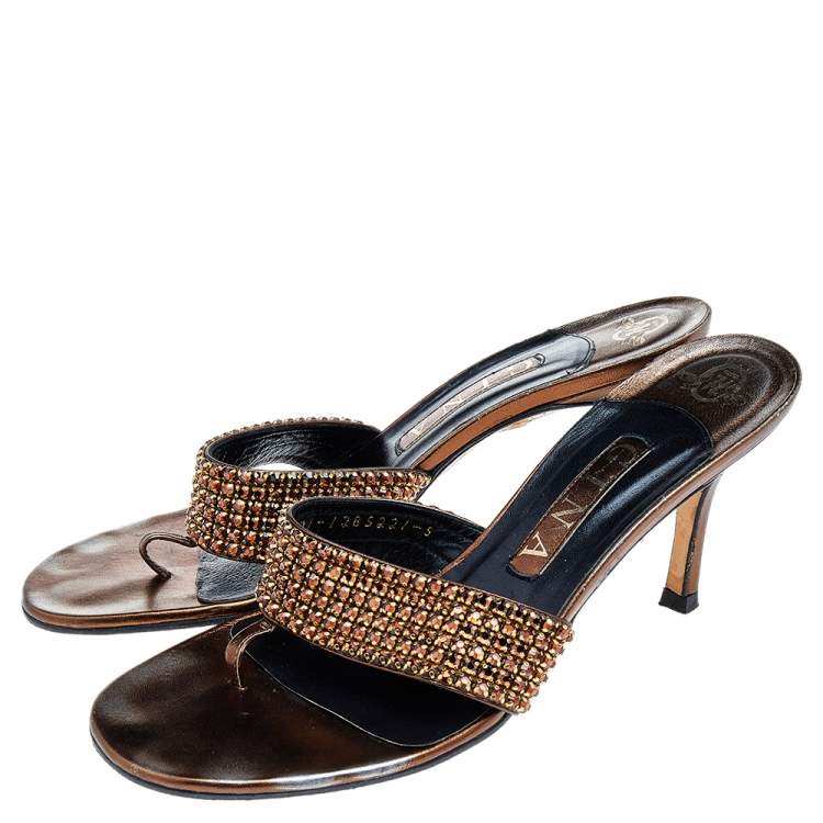 Pre Owned Gina Metallic Bronze Leather Crystal Embellished Thong Slide Sandals Size 38