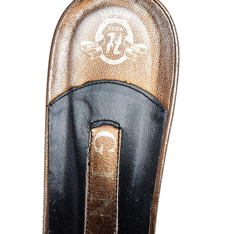 Pre Owned Gina Metallic Bronze Leather Crystal Embellished Thong Slide Sandals Size 38