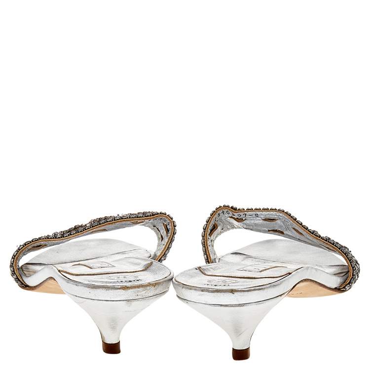 Pre Owned Gina Silver Leather Crystal Embellished Kitten Heel Slide Sandals Size 41