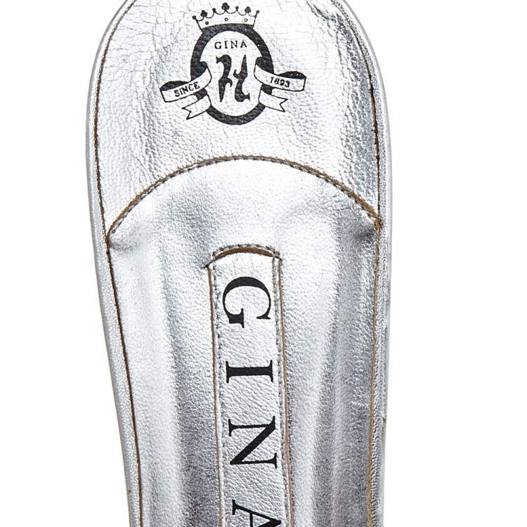 Pre Owned Gina Silver Leather Crystal Embellished Kitten Heel Slide Sandals Size 41